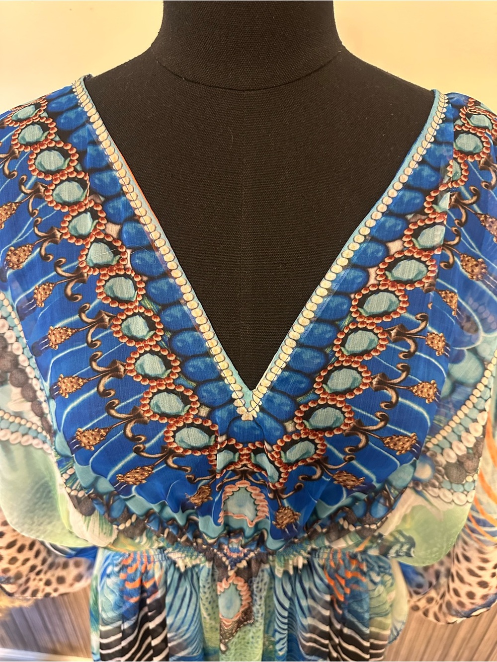 Peacock Print Kaftan Dress One Size Blue Boho Beach Cover Up Tunic Cruise Resort - Picture 5 of 9